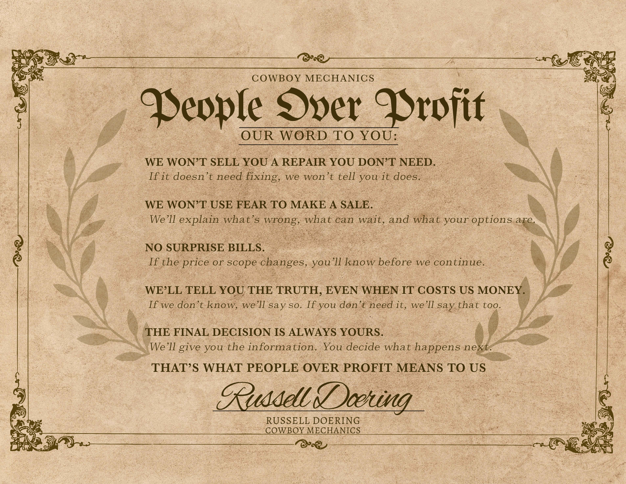 People Over Profit - The Cowboy Mechanics Certificate